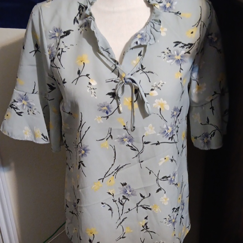 Chic Blue and Yellow Blouse with Elegant Ruffles